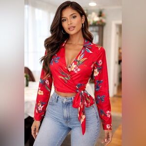 PrettyLittleThing Red Floral Wrap Tie Top – Size 6